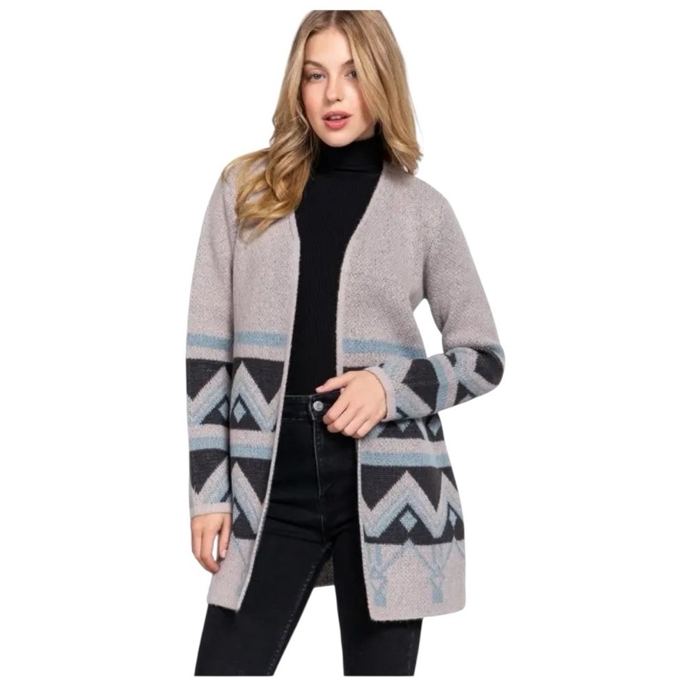 Active USA Women's Long Sleeve Gray Southwest Aztec Print Cardigan Sweater sz L
